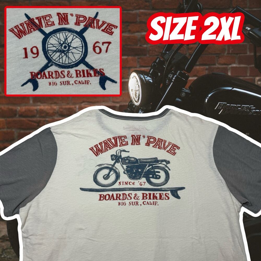 Lucky Brand Cream T-Shirt Wave N Pave 1967 Boards Bikes Super Soft HTF Mens 2XL